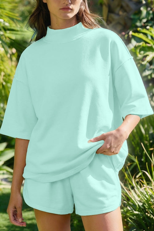 Mock Neck Exposed Seam Tunic Top & Shorts Set