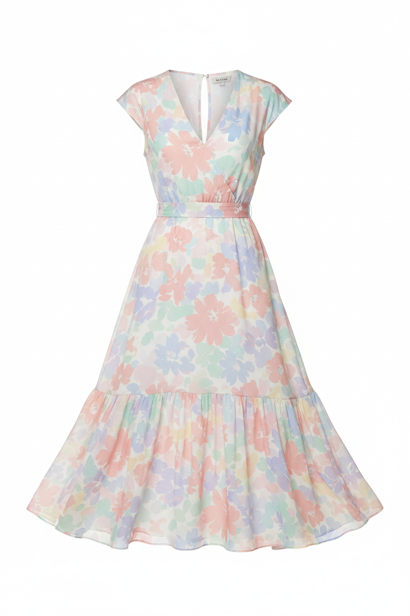 Floral summer midi dress in soft pastel tones