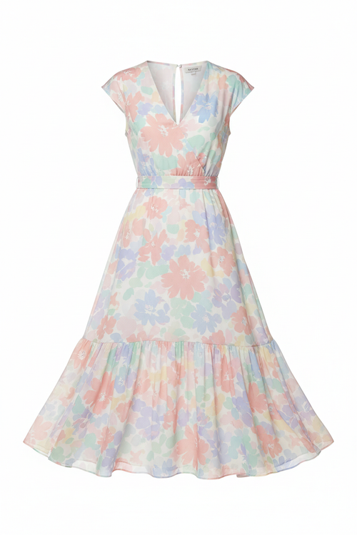 Floral summer midi dress in soft pastel tones